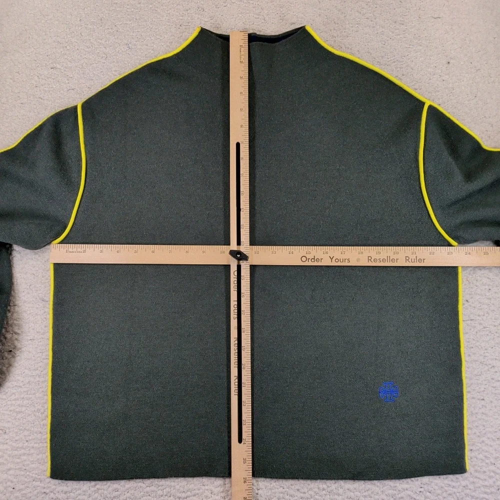 Tory Burch Double Faced Mock Neck Sweater Green Wool Blend Yellow Piping Small